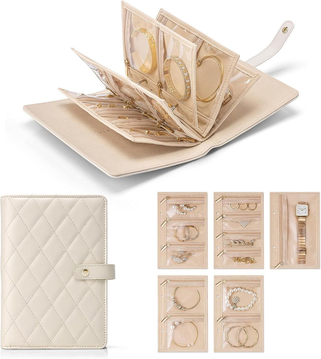 Mothers Day Gifts,Travel Jewelry Organizer Case,Jewelry Storage Book Ring Binder with Clear Zipper Velvet Jewelry Pouches Bags for Rings,Necklace,Earrings-Cream White