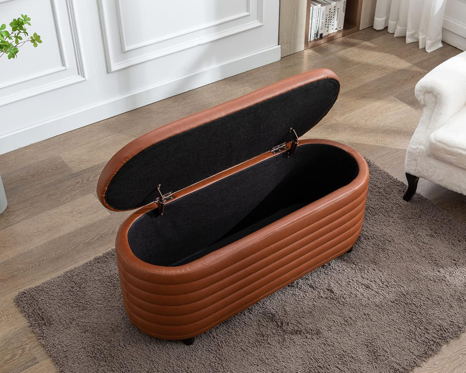 Storage Ottoman Bench Upholstered PU Leather End of Bed Stool with Safety Hinge for Bedroom, Living Room, Entryway (44.5-Inch, Brown), TN2436