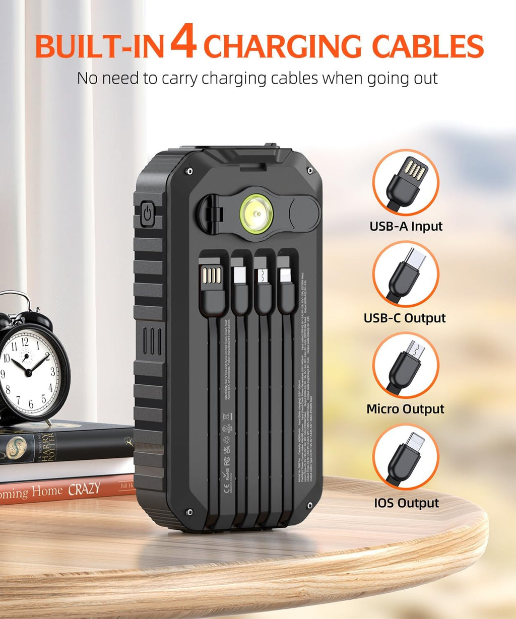 Solar Charger Power Bank 40000Mah Built in 4 Cables and Hand Crank, Portable Charger 22.5W Fast Charger 6 Outputs & 4 Inputs External Battery Pack with Bright Flashlight and Compass