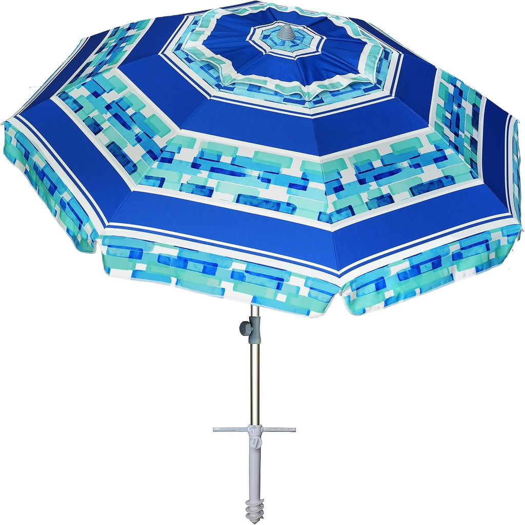 7Ft Heavy Duty High Wind Beach Umbrella Parasols with Sand Anchor & Tilt Sun Shelter, UV 50+ Protection Outdoor Sunshade Umbrellas Carry Bag for Patio Garden Pool Backyard Stripe Blue