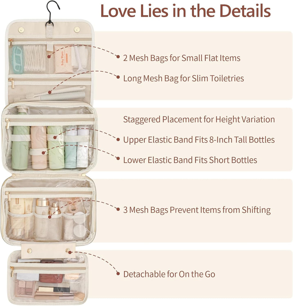 Hanging Travel Toiletry Bag for Women - Plaid Leather Travel Makeup Bag with Detachable Organizer, Waterproof Cosmetic Bag for Full-Sized Toiletries Fit Shower Bathroom Cruise, Off-White (M)