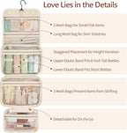 Hanging Travel Toiletry Bag for Women - Plaid Leather Travel Makeup Bag with Detachable Organizer, Waterproof Cosmetic Bag for Full-Sized Toiletries Fit Shower Bathroom Cruise, Off-White (M)