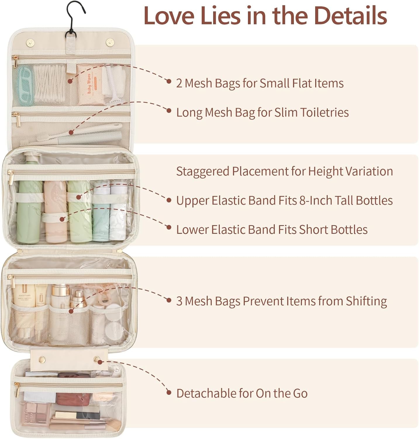 Hanging Travel Toiletry Bag for Women - Plaid Leather Travel Makeup Bag with Detachable Organizer, Waterproof Cosmetic Bag for Full-Sized Toiletries Fit Shower Bathroom Cruise, Off-White (M)