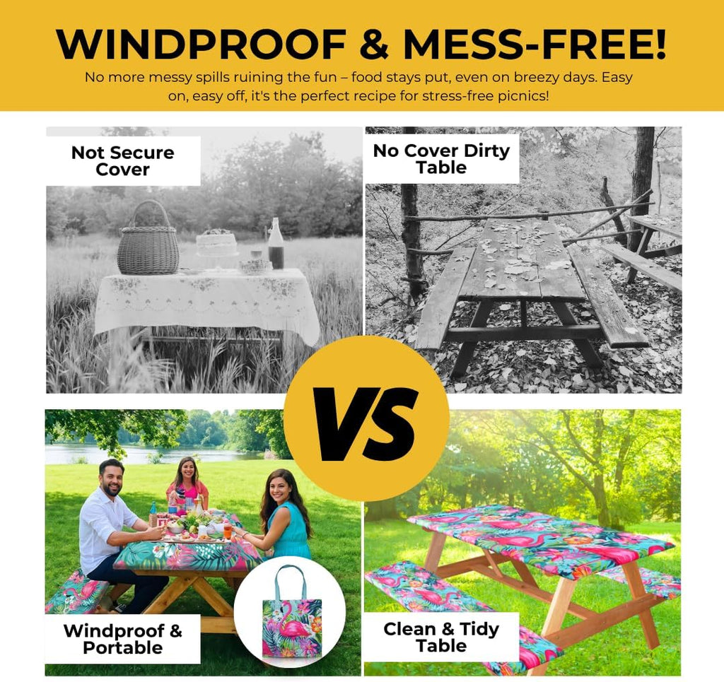 6Ft Polyester Picnic Table Cover with Bench Covers Windproof & Waterproof Tablecloth, Perfect for Camping Gifts & RV Essentials, Cool Camping Gadgets, with Carrying Bag, 72X30 Inches, 4Pcs