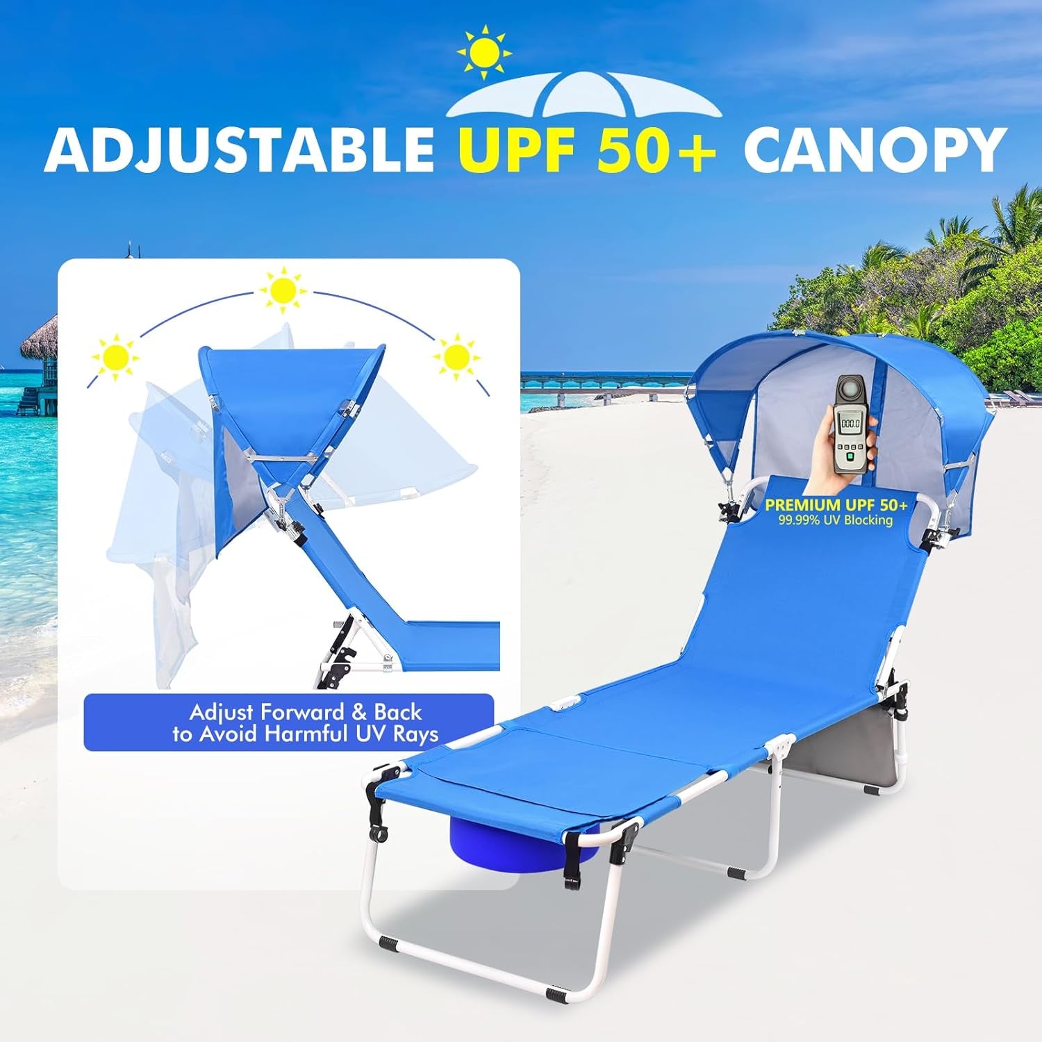 Wheel-To-Go Tanning Chair with Wheels Sun Canopy Umbrella Face Hole Thicker Washable Adjustable, Heavy Duty Folding Lay Flat Sun Lounge Chair Beach outside Sunbathing Reading, UPF 50+ (Patent Design)