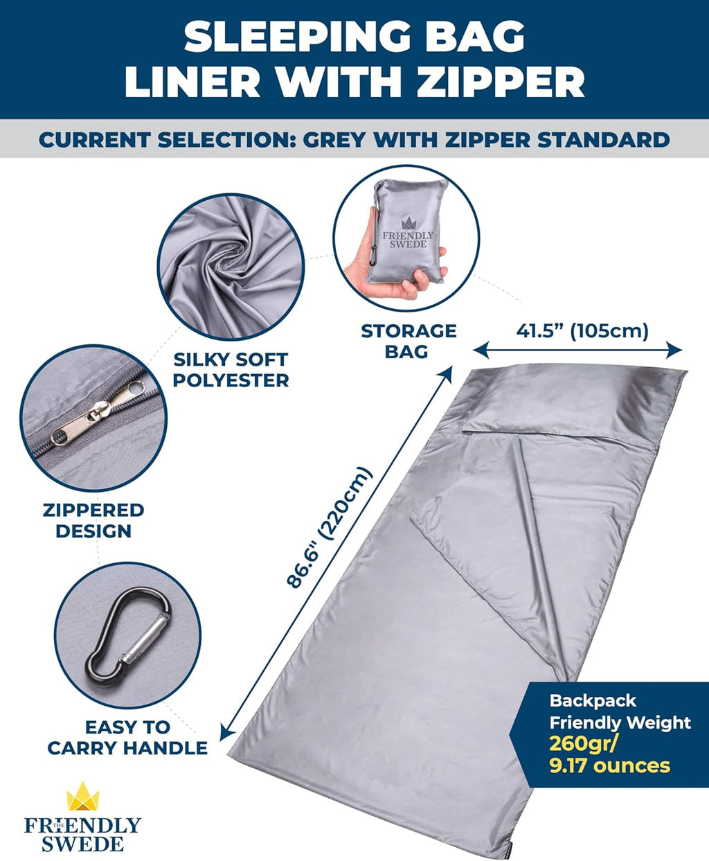 Sleeping Bag Liner Ultralight - Thin Travel Sheets for Hotel W Full Length Zipper; Silky Feel Camping Sheets & Adult Sleep Sack for Backpacking; Travel Sleeping Bag - Grey (Zipper)