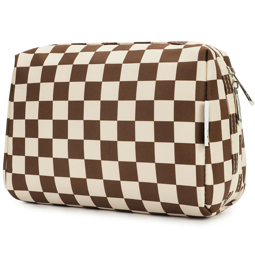 Checkered Makeup Bag Travel Cosmetic Bag Organizer Toiletry Bag Make up Bags with Compartments for Women Girls (Large, Light Checkerboard)