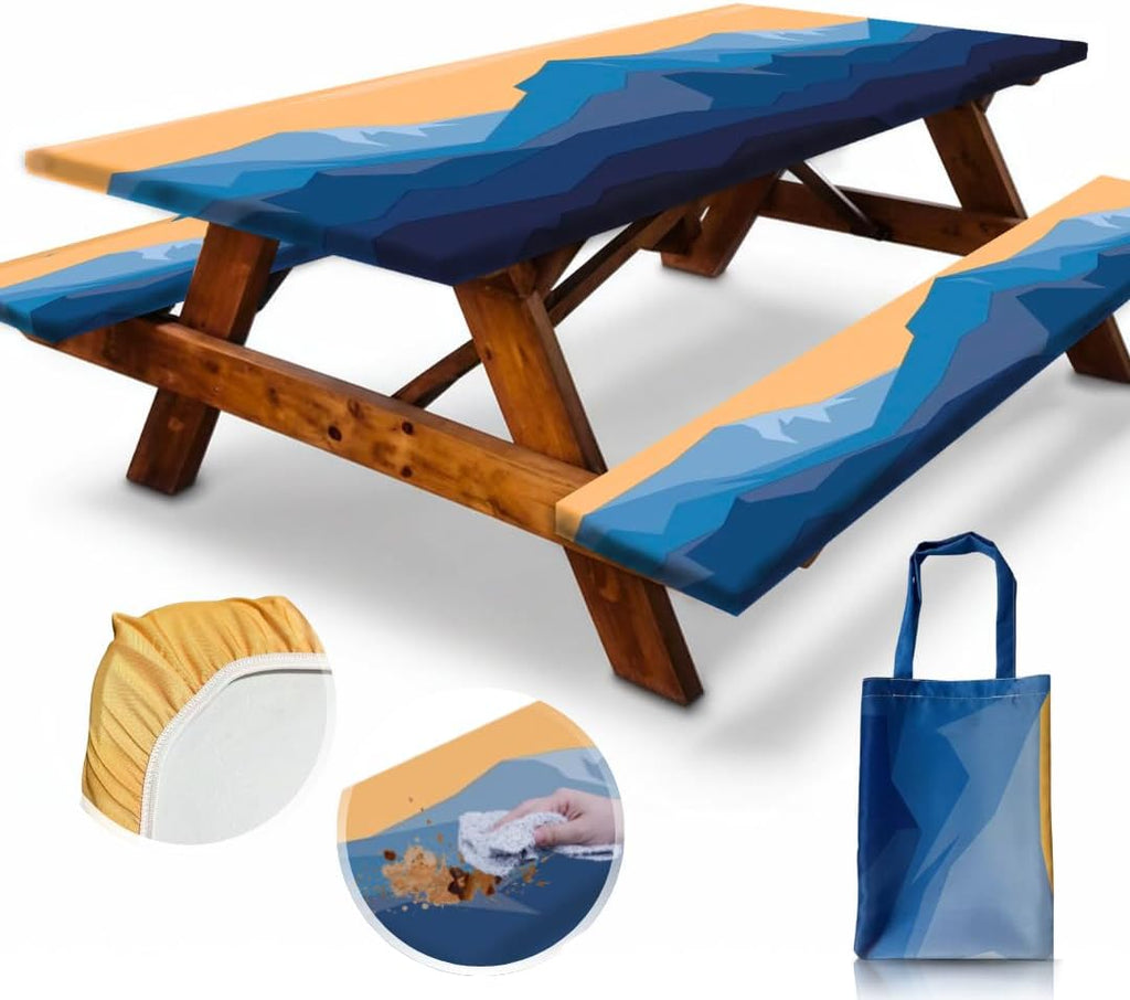 6Ft Polyester Picnic Table Cover with Bench Covers Windproof & Waterproof Tablecloth, Perfect for Camping Gifts & RV Essentials, Cool Camping Gadgets, with Carrying Bag, 72X30 Inches, 4Pcs