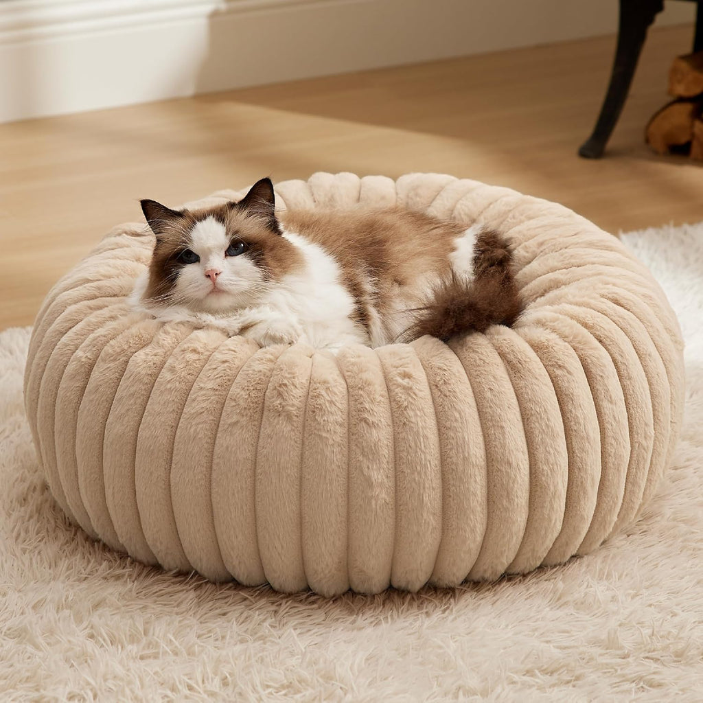 Donut Small Dog Bed - Dog Beds for Small Dogs with Corduroy Fleece & anti Slip Bottom, round Faux Fur Pet Beds with Washable Removable Cover, Cream, 27X27X8 Inches