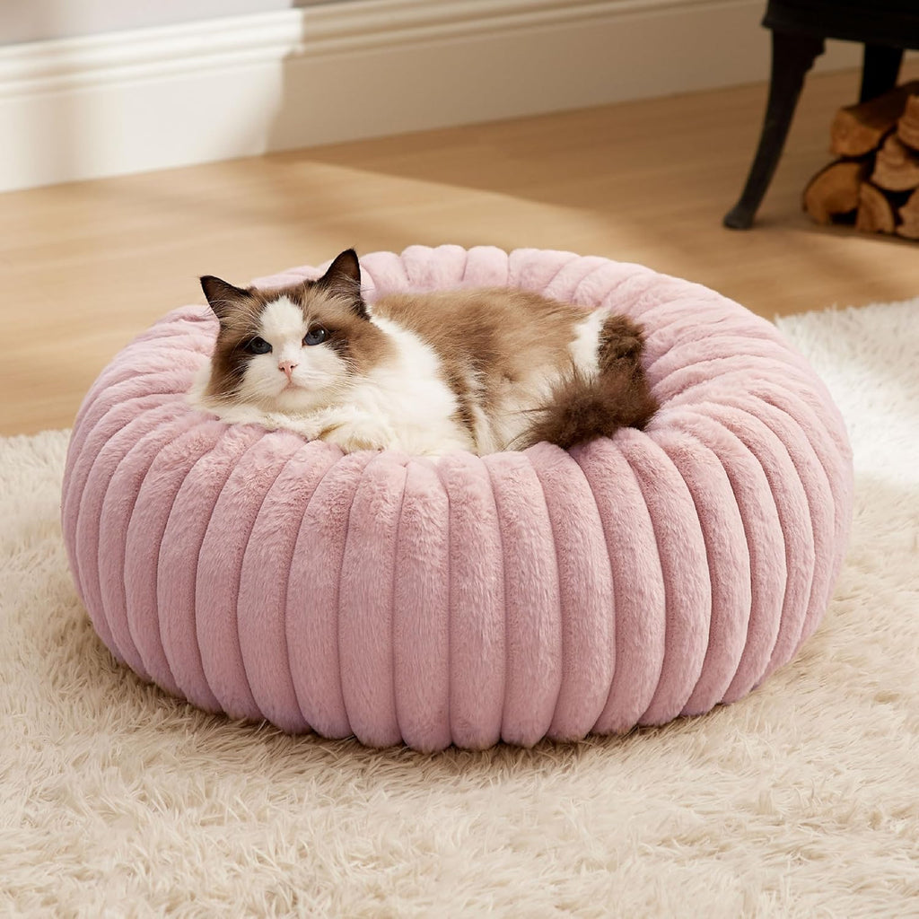 Donut Small Dog Bed - Dog Beds for Small Dogs with Corduroy Fleece & anti Slip Bottom, round Faux Fur Pet Beds with Washable Removable Cover, Cream, 27X27X8 Inches