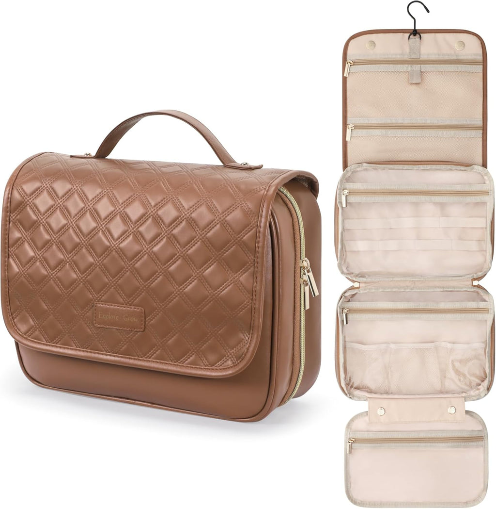 Hanging Travel Toiletry Bag for Women - Plaid Leather Travel Makeup Bag with Detachable Organizer, Waterproof Cosmetic Bag for Full-Sized Toiletries Fit Shower Bathroom Cruise, Off-White (M)