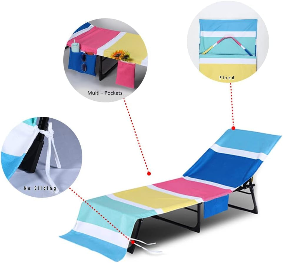 Chaise Lounge Chair Towel Cover with Side Pockets, Soft Microfiber, 80" X 26" Chair Cover for Beach/Pool Sunbathing Holiday, Patio (Stripe)