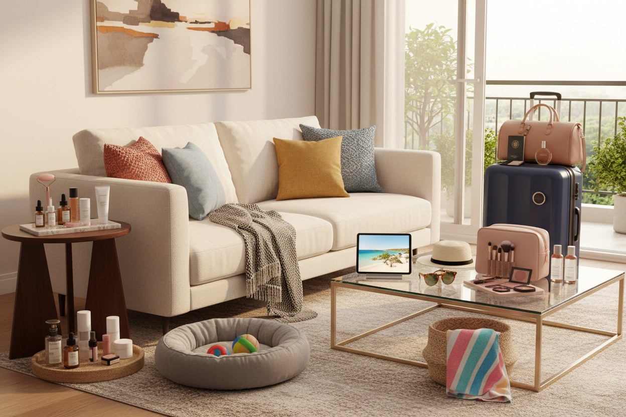 generate an banner image that will show these items in a home setting that will fully fit in the Hero section of my Shopify website. Health & Beauty, Home Decor couch, fixtures, Electronics, beach Accessories, Pet Essentials, Travel Luggage & Bags, Travel Accessories make-up bag, tolietries containers. Make this image viewable to desktop and mobile version.